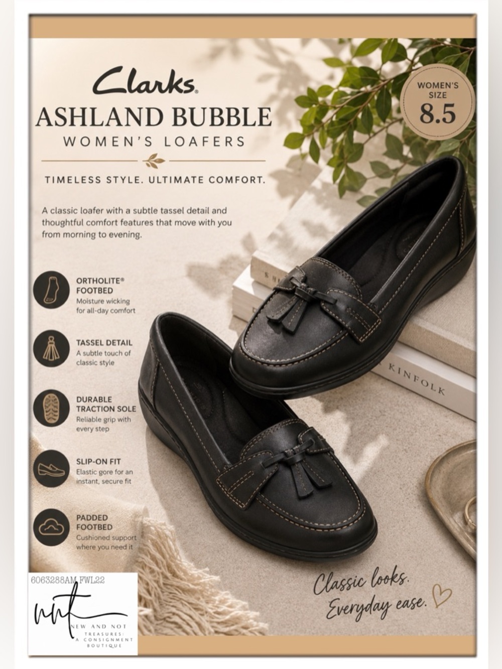 Clarks Ashland Bubble Loafers Womens 8.5 Black Leather Ortholite Comfort Shoes